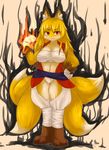  anthro blonde_hair blush breasts canine chipar clothed clothing female fire fox fur hair looking_at_viewer mammal multiple_tails red_eyes solo yellow_fur 