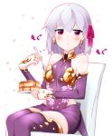  1girl :t bare_shoulders breasts chair commentary_request detached_sleeves dress earrings eating fate/grand_order fate_(series) feet_out_of_frame food fork grey_hair hair_between_eyes hair_ribbon highres holding holding_fork jewelry kama_(fate) kama_(young)_(fate) long_sleeves looking_at_viewer pancake pia_(botamochinjufu) puff_of_air purple_dress purple_sleeves purple_thighhighs red_eyes ribbon simple_background sitting small_breasts solo souffle_pancake thighhighs white_background 