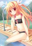  :o arm_support bad_proportions bikini blonde_hair blush long_hair looking_at_viewer nakada_rumi original partially_submerged pool poolside red_eyes sitting solo swimsuit twintails water 