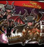  :q black_legwear blush_stickers breasts cape character_request cleaver dark_skin demon_girl demon_wings faulds hair_tubes happy_valentine heart horn_ribbon horns long_hair matsuda_yuusuke mini_wings multiple_girls red_eyes ribbon shield small_breasts smile spikes tail thighhighs tongue tongue_out valentine weapon wings 