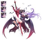  1girl :d absurdres bandages barefoot bat_(animal) belt black_necktie cape closed_eyes demon_girl demon_horns demon_tail demon_wings earrings fang fingernails full_body fur_collar gloom_(expression) hat highres horns jewelry kurimui2 long_fingernails long_hair looking_at_viewer low_wings military_hat military_uniform multiple_expressions nail_polish necktie original parted_lips peaked_cap pointy_ears purple_hair red_eyes sharp_fingernails shin_guards skin_fang smile solo sword tail toenail_polish toenails torn_cape torn_clothes torn_wings very_long_hair weapon white_background wings 