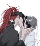  1boy 1girl abarai_renji amugonagurim black_hair black_headband black_kimono bleach blush bridal_veil closed_eyes couple hair_between_eyes hands_on_another's_cheeks hands_on_another's_face hashtag-only_commentary headband hetero highres husband_and_wife japanese_clothes kimono kiss kuchiki_rukia long_hair neck_tattoo ponytail red_hair short_hair sideburns tattoo upper_body veil white_background white_kimono white_veil 