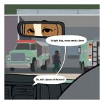 1:1 ambiguous_gender anthro beagle black_hair boots border bottomwear brown_body brown_boots brown_clothing brown_footwear brown_fur brown_skin canid canine canis car clothing domestic_dog duo english_text female_(lore) footwear fur garage green_bottomwear green_clothing green_pants grey_clothing grey_shirt grey_t-shirt grey_topwear hair hi_res hunting_dog inside_car inside_vehicle jo_(oystr) mammal markus_(oystr) mirror mirror_reflection multicolored_body multicolored_fur nonbinary_(lore) orange_eyes oystr pants reflection scent_hound shirt shoes speech_bubble suid suine t-shirt text topwear truck tusks two_tone_body two_tone_fur vehicle warthog white_body white_border white_fur