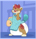 ambiguous_gender anthro beaver blue_border blue_onesie blue_pacifier blue_tail blue_tail_tip blush blush_lines border brown_body brown_fur brown_inner_ear bubblepuppers clothing crib diaper dipstick_tail dotted_background feces feet fingerless_(marking) fur hair hand_on_face hi_res holding_object holding_plushie kvikk_(littlekvikk) mammal markings multicolored_body multicolored_fur object_in_mouth one_eye_closed onesie pacifier pacifier_in_mouth pattern_background pattern_onesie pink_nose plushie red_body red_fur red_hair red_spots rodent simple_background soiled_diaper solo spots spotted_face standing tail tail_markings tan_body tan_ears tan_fur tired toeless_(marking) unclean_diaper used_diaper white_diaper
