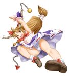  blush_stickers brown_eyes brown_hair chain flying_kick horn_ribbon horns ibuki_suika kasuga_yukihito kicking long_hair low-tied_long_hair motion_lines open_mouth panties revision ribbon skirt solo touhou underwear upskirt white_panties 