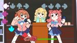  3girls absurdres ahoge alienalienp arrow_(symbol) black_eyes blonde_hair blue_bow blue_bowtie blue_skirt bow bowtie brown_hair cardigan classroom closed_mouth commentary_request double_bun friday_night_funkin' fujita_kotone gakuen_idolmaster gameplay_mechanics hair_bun hanami_saki hanami_ume hatsuboshi_gakuen_school_uniform highres holding holding_microphone idolmaster indoors jacket medium_hair microphone multiple_girls open_mouth parody pink_cardigan pink_jacket red_hair school_uniform siblings single_side_bun sisters skirt standing 
