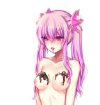  1girl blue_eyes blush breasts bust chocolate female long_hair naked_chocolate nipples nude open_mouth purple_hair tongue tongue_out twintails upper_body 