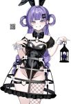  1girl absurdres akadajohnson02 animal_ears bare_shoulders black_bow black_bowtie black_leotard black_nails black_ribbon black_skirt blunt_bangs bow bowtie breasts chest_strap commentary_request covered_navel cowboy_shot crinoline cross cross_earrings detached_collar detached_sleeves earrings fake_animal_ears fishnet_thighhighs fishnets gem hair_bow hair_rings hands_up heart heart_o-ring highres holding holding_lantern jewelry lantern leotard long_hair mole mole_under_eye o-ring o-ring_thigh_strap original playboy_bunny puffy_detached_sleeves puffy_sleeves purple_eyes purple_gem purple_hair qr_code rabbit_ears ribbon ringlets sidelocks simple_background single_fishnet_legwear single_thighhigh skirt small_breasts smile solo teeth thigh_strap thighhighs white_background white_wrist_cuffs wrist_cuffs 