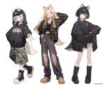  3girls :d animal_ear_piercing animal_ears baseball_cap black_boots black_hair black_hat black_jacket black_pants black_shirt black_shoes black_skirt blonde_hair blue_eyes boots brown_jacket brown_shoes camouflage camouflage_shorts commentary_request copyright_notice dog_ears dog_girl dog_tail ears_through_headwear fishnet_pantyhose fishnets full_body green_shorts grey_hair grin hand_in_pocket hand_up hat hood hood_up hooded_jacket jacket jewelry kmnz lita_(kmnz) long_hair long_sleeves medium_hair miniskirt multicolored_hair multiple_girls nail_polish necklace nero_(kmnz) official_art open_clothes open_jacket open_mouth pants pantyhose plaid_clothes plaid_jacket puffy_long_sleeves puffy_sleeves purple_eyes red_nails shirt shoes shorts shugao simple_background single_off_shoulder skirt smile streaked_hair tail tina_(kmnz) torn_clothes torn_pants v virtual_youtuber white_background wolf_cut 
