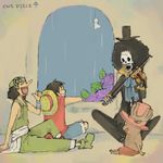  4boys afro black_hair brook flower hat hydrangea indian_style instrument male male_focus momo_(115) monkey_d_luffy multiple_boys music one_piece overalls rain reindeer sitting skeleton straw_hat teruterubouzu tony_tony_chopper top_hat usopp violin 