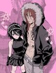  1boy 1girl abarai_renji abs amugonagurim bare_shoulders belt black_belt black_dress black_gloves black_hair black_hairband black_jacket black_socks bleach breasts chest_tattoo cowboy_shot dress eyebrow_piercing face_piercing facial_tattoo frilled_hairband frills fur-trimmed_jacket fur_trim furrowed_brow gloves grey_pants hair_between_eyes hairband hand_in_pocket highres hood hood_up hooded_jacket jacket kuchiki_rukia lip_piercing lip_ring long_hair looking_at_viewer male_underwear medium_breasts midriff open_clothes open_jacket pants parted_lips piercing pink_background purple_eyes red_hair short_dress short_hair sleeveless sleeveless_dress socks tattoo underwear 