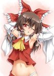  armpits arms_up ascot blush bow brown_hair detached_sleeves hair_bow hair_tubes hakurei_reimu long_hair looking_at_viewer navel one_eye_closed open_mouth panties red_eyes roura solo touhou underwear white_panties 