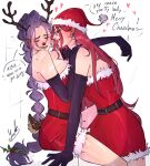  2girls alternate_costume antlers belt black_belt black_gloves body_markings christmas closed_eyes commentary dress dutch_braided_ponytail earrings elbow_gloves english_text fake_antlers fur-trimmed_dress fur_trim gloves h1tsdifferent hat highres horns jewelry kpop_demon_hunters long_hair mira_(kpop_demon_hunters) multiple_girls pom_pom_(clothes) red_dress red_hat reindeer_antlers rumi_(kpop_demon_hunters) santa_costume santa_dress santa_hat smile snowman_earrings strapless strapless_dress symbol-only_commentary very_long_hair yuri 