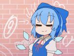  1girl animated animated_gif blue_bow blue_hair bow brick_wall circled_9 cirno closed_mouth commentary detached_wings english_commentary facing_viewer ferdy's_lab hair_bow headphones ice ice_wings looping_animation short_hair short_sleeves smile solo swaying touhou twitter_username upper_body wings 