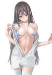  bikini_top blue_eyes blush breasts brown_hair cleavage cowboy_shot embarrassed large_breasts long_hair muffin_(sirumeria) navel original skindentation solo strap_gap swimsuit swimsuit_under_clothes thighhighs underboob undressing very_long_hair white_legwear 