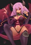  adunba_rell alma_elma artist_name bangs black_background breasts cape cleavage collar demon_girl elbow_gloves fingerless_gloves gloves horns large_breasts long_hair looking_at_viewer mon-musu_quest! monster_girl panties purple_hair red_eyes simple_background smile solo succubus tail tattoo thighhighs underwear wings 