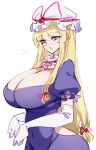  1girl blonde_hair breasts cleavage commentary_request dress elbow_gloves gloves hat highres large_breasts long_hair looking_at_viewer mob_cap purple_dress purple_eyes raptor7 simple_background solo touhou white_background white_gloves white_hat yakumo_yukari 
