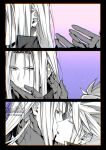  2boys black_border black_coat black_gloves border closed_eyes cloud_strife coat commentary earrings final_fantasy final_fantasy_vii final_fantasy_vii:_advent_children gloves hair_between_eyes hand_in_another's_hair highres jewelry kiss long_hair male_focus monochrome multiple_boys parted_bangs parted_lips popped_collar purple_background sephiroth short_hair single_earring slit_pupils spiked_hair symbol-only_commentary twitter_username upper_body yaoi yunyunonigiri 