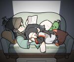  2boys black_hair black_hanfu book character_doll chibi chibi_only chinese_clothes closed_mouth coat couch couple cucumber curtained_hair doll green_eyes green_hanfu half_updo hanfu hashtag-only_commentary head_on_pillow highres holding holding_book holding_hands knees_up lap_pillow long_hair long_sleeves luo_binghe lying lying_on_person male_focus multiple_boys on_back on_couch on_stomach parted_bangs pillow reading renzha_fanpai_zijiu_xitong ribboned_xiao_guan screen_light shen_qingqiu sleeping television very_long_hair white_coat wide_sleeves wolf_cut yaoi zorenbigmalo zuiyin 