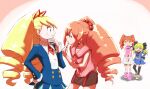  4girls akechi_kokoro black_thighhighs blonde_hair blue_dress blue_eyes bow cardfight!!_vanguard dress drill_hair green_eyes hair_bow hand_on_own_hip junmai_karin long_hair luna_platz_(mega_man) medarot medarot_2 mega_man_(series) mega_man_star_force_(series) multiple_girls open_mouth orange_hair pink_shoes shimetta_seiya shoes simple_background skirt smile sweatdrop tantei_opera_milky_holmes tatsunagi_rekka thighhighs twin_drills very_long_hair white_skirt 