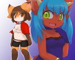  anthro blue_hair blush breasts brown_eyes brown_hair cat chest_tuft chipar clothed clothing duo feline female fur green_eyes hair horn long_hair mammal open_mouth plain_background short_hair small_breasts standing tongue tuft 