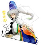  grey_hair hat hinabu long_hair looking_at_viewer mononobe_no_futo simple_background solo touhou white_background 