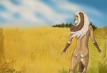  female field hair lagomorph long_hair looking_back mammal nude outside rabbit running smile solo tuonen-joutsen 