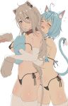  2girls absurdres ahoge animal_ear_fluff animal_ear_piercing animal_ears animal_hands areola_slip belt_collar bikini blue_hair blush breasts cameltoe cat_ears cat_girl cat_tail closed_eyes collar commentary_request elf from_side gloves grey_eyes grey_hair hair_between_eyes hair_ornament halterneck heart heart_ahoge highres hololive hug hug_from_behind large_breasts lion_ears lion_girl lion_tail long_hair looking_at_viewer micro_bikini multicolored_hair multiple_girls navel norigure18 open_mouth parted_lips paw_gloves piercing pointy_ears shishiro_botan side-tie_bikini_bottom sidelocks streaked_hair string_bikini swimsuit tail thighhighs thighs very_long_hair virtual_youtuber white_background yukihana_lamy 