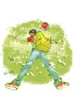  1boy backpack bag black_hair character_request check_character closed_eyes commentary denim fei_yu flower full_body hat highres jeans lying male_focus on_stomach pants pokemon pokemon_frlg raglan_sleeves red_(pokemon) shirt shoes short_hair short_sleeves sneakers solo symbol-only_commentary t-shirt unworn_hat unworn_headwear wristband 