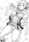  :&lt; ? black_gloves blush_stickers boots breasts cravat dress drill_hair dutch_angle gloves greyscale gundam gundam_build_fighters hand_on_hip highres juliet_sleeves large_breasts long_sleeves looking_at_viewer monochrome panties pantyshot pantyshot_(standing) puffy_long_sleeves puffy_sleeves short_hair solo standing underwear wakame yajima_caroline 