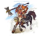  1girl animal_ears axe bandeau barding braid braided_tail breasts brown_hair centaur cleavage commentary criss-cross_halter criss-cross_straps english_commentary feathers floating_hair forehead_protector full_body hair_between_eyes halterneck holding holding_axe hooves horse_ears horse_tail large_breasts long_hair looking_at_viewer maxa' midriff mixed-language_commentary monster_girl multiple_legs navel open_mouth original patreon_username purple_eyes red_hair running shin_guards sidelocks signature single_bare_shoulder skull solo tail taur teeth vambraces weapon white_bandeau 