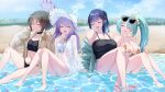  4girls arius_squad_(blue_archive) atsuko_(blue_archive) atsuko_(swimsuit)_(blue_archive) barefoot beach bikini black_camisole black_choker black_hair blue_archive blue_halo bonsaimuraoka brown_shirt camisole choker commentary_request feet floral_bikini green_hair green_jacket halo highres hiyori_(blue_archive) hiyori_(swimsuit)_(blue_archive) jacket misaki_(blue_archive) misaki_(swimsuit)_(blue_archive) multiple_girls navel purple_hair red_halo saori_(blue_archive) saori_(swimsuit)_(blue_archive) shirt sky sunglasses swimsuit water white_bikini white_halo 