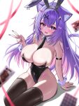  1girl :d ahoge alternate_costume animal_ear_fluff animal_ear_hairband animal_ear_piercing animal_ears arm_strap arm_support black_leotard black_necktie black_thighhighs blurry blurry_foreground blush breasts card cat_ears cat_girl cat_tail commentary_request crossed_bangs detached_collar fake_animal_ears fang feet_out_of_frame floating_card food-themed_hair_ornament hair_between_eyes hair_ornament hairband hand_up heart highleg highleg_leotard highres hololive jack_(playing_card) kogekoge1207 large_breasts leotard long_hair looking_at_viewer nail_polish necktie nekomata_okayu onigiri_hair_ornament open_mouth playboy_bunny playing_card purple_eyes purple_hair purple_nails rabbit_ear_hairband rabbit_ears red_ribbon ribbon simple_background sitting smile solo strapless strapless_leotard tail thigh_gap thighhighs v very_long_fingernails very_long_hair virtual_youtuber white_background white_wrist_cuffs wrist_cuffs x_hair_ornament 
