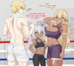  ahoge anger_vein bike_shorts blonde_hair body_markings boxers breasts cleavage dark-skinned_female dark_elf dark_skin elf english_text green_eyes highres long_hair long_pointy_ears male_underwear midriff mockingeu navel original pointy_ears short_bangs sports_bra underwear white_hair wrestling_ring yellow_eyes 
