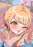  1boy 1girl absurdres blonde_hair blush braid brick_road c_civciv cherry_blossoms chin_on_palm_challenge commentary day falling_petals fujita_kotone gakuen_idolmaster hands_up heart highres idolmaster jacket long_sleeves looking_at_viewer one_eye_closed open_mouth orange_eyes outdoors petals pov pov_hands producer_(idolmaster) shirt standing symbol-only_commentary twin_braids yellow_shirt 