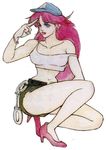  90s capcom cuffs denim erect_nipples final_fight handcuffs illustration official_art oldschool pink_hair poison_(final_fight) street_fighter yasuda_akira 
