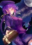  alternate_costume banned_artist beret blush box braid breasts cropped_jacket eltnum eyelashes full-face_blush full_moon gift gift_box hair_ribbon hat highres incoming_gift large_breasts long_hair looking_at_viewer melty_blood moon purple_eyes purple_hair ribbon single_braid sion_eltnam_atlasia sky smile solo star_(sky) starry_sky sweater thighhighs tsukihime under_night_in-birth valentine very_long_hair white_legwear yusano zettai_ryouiki 