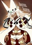  belt bracelet cape crazy_eyes dark_skin eito flat_chest grin guilty_gear guilty_gear_xrd hat highres jewelry long_hair ramlethal_valentine sharp_teeth short_shorts shorts smile solo teeth thigh_strap white_hair yellow_eyes 