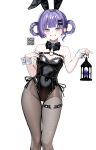  1girl absurdres akadajohnson02 animal_ears bare_shoulders black_bow black_bowtie black_leotard black_nails black_pantyhose black_ribbon blunt_bangs bow bowtie breasts chest_strap commentary_request covered_navel cowboy_shot cross cross_earrings detached_collar earrings fake_animal_ears gem hair_bow hair_rings hands_up heart heart_o-ring highres holding holding_lantern jewelry lantern leotard mole mole_under_eye o-ring o-ring_thigh_strap original pantyhose playboy_bunny purple_eyes purple_gem purple_hair qr_code rabbit_ears ribbon sidelocks simple_background small_breasts smile solo teeth thigh_strap white_background white_wrist_cuffs wrist_cuffs 