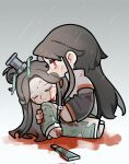  2boys arm_around_shoulder bindi black_hair black_hanfu blood blood_from_eyes blood_from_mouth blood_on_clothes blood_on_hands blood_on_object blood_stain chibi chibi_only chinese_clothes closed_eyes closed_mouth coat collared_coat corpse crying crying_with_eyes_open curtained_hair gradient_background green_hanfu grey_background half_updo hand_fan hanfu hashtag-only_commentary highres layered_sleeves long_hair long_sleeves looking_at_another luo_binghe male_focus multiple_boys open_mouth paper_fan parted_bangs rain red_eyes renzha_fanpai_zijiu_xitong ribboned_xiao_guan scene_reference shen_qingqiu spoilers tears torn_hanfu torn_ribbon very_long_hair white_background white_coat wolf_cut zorenbigmalo zuiyin 