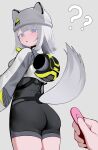  1girl 1other :o ? ?? absurdres ambiguous_gender animal_ear_headwear animal_ears animal_hat arknights arknights:_endfield ass bandaid bandaid_on_cheek bandaid_on_face black_bodysuit blue_eyes bodysuit cat_ears cat_girl cat_hat cat_tail commentary controller cowboy_shot estella_(arknights) expressionless grey_background grey_hair grey_hat hat hat_with_ears hei_tudou highres holding holding_controller holding_remote_control long_hair long_sleeves looking_at_viewer out_of_frame remote_control remote_control_vibrator sex_toy simple_background solo_focus tail vibrator wireless_sex_toy_controller 