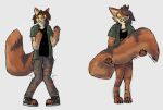 ambiguous_gender anthro bottomless brown_body brown_fur brown_hair canid canine canis claws clothed clothing covering covering_self coyote foxes-radio fur fur_growth growth hair hi_res human mammal mid_transformation open_clothing open_shirt open_topwear sharp_teeth shirt solo tail_covering_crotch teeth topwear torn_clothing transformation