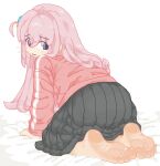  1girl all_fours ass barefoot blue_eyes blush bocchi_the_rock! cube cube_hair_ornament embarrassed gotoh_hitori grey_skirt hair_between_eyes hair_ornament looking_back medium_skirt moppynoko pink_hair pink_track_suit pleated_skirt skirt soles track_suit white_background 