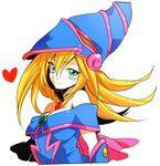  blonde_hair breasts dark_magician_girl duel_monster green_eyes hat heart hinabu long_hair medium_breasts simple_background smile solo upper_body white_background yuu-gi-ou 