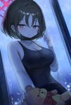  1girl absurdres against_window bandages black_camisole blue_archive blush bow breasts camisole commentary_request earrings halo highres jewelry looking_at_viewer mask misaki_(blue_archive) mouth_mask nanimonine9 rain red_bow red_eyes red_halo short_hair sleeveless solo stuffed_animal stuffed_toy teddy_bear window 