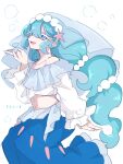  1girl ayaka_488 blue_eyes blue_hair bubble colored_eyelashes commentary_request crop_top hair_ornament half-closed_eyes hand_up highres long_hair long_sleeves looking_at_viewer midriff multi-tied_hair navel off-shoulder_shirt off_shoulder open_mouth personification pokemon primarina shirt sketch skirt smile solo starfish_hair_ornament translation_request veil very_long_hair 
