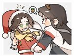  2boys :d antlers bindi black_hair black_hanfu blush chibi chibi_only chinese_clothes closed_mouth collared_robe cowboy_shot curtained_hair fake_facial_hair fake_mustache floating_hair green_eyes grey_background hanfu hashtag-only_commentary hat highres holding holding_hands holding_sack horns jacket layered_sleeves long_hair long_sleeves looking_at_another looking_back luo_binghe multiple_boys notice_lines open_mouth pants parted_bangs pom_pom_(clothes) red_eyes red_hat red_jacket red_pants reindeer_antlers renzha_fanpai_zijiu_xitong robe sack santa_costume santa_hat scarf shen_qingqiu sidelocks smile speech_bubble thick_eyebrows white_robe wolf_cut yaoi yellow_scarf zorenbigmalo zuiyin 