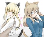  alternate_hairstyle animal_ears bad_id bad_pixiv_id bespectacled blonde_hair blue_eyes blush borrowed_garments braid brown_hair cat_ears cat_tail cosplay costume_switch eyewear_switch glasses hair_ribbon hairstyle_switch heart highres long_hair looking_at_viewer lynette_bishop lynette_bishop_(cosplay) military military_uniform multiple_girls perrine_h_clostermann perrine_h_clostermann_(cosplay) ribbon smile strike_witches suto_(iamsuto) tail uniform world_witches_series yellow_eyes 
