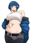  1girl absurdres bandeau bare_shoulders belt black_belt black_pants blue_hair blue_jacket breasts character_request commentary copyright_request earrings highres jacket jacket_partially_removed jewelry large_breasts looking_at_viewer midriff navel off_shoulder pants pinepin short_hair simple_background solo stomach strapless tube_top white_background yellow_eyes 