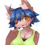  anthro black_nose blue_hair blush breasts canine chipar clothed clothing eyebrows eyelashes female hair looking_at_viewer mammal one_eye_closed open_mouth plain_background short_hair solo tongue white_background 